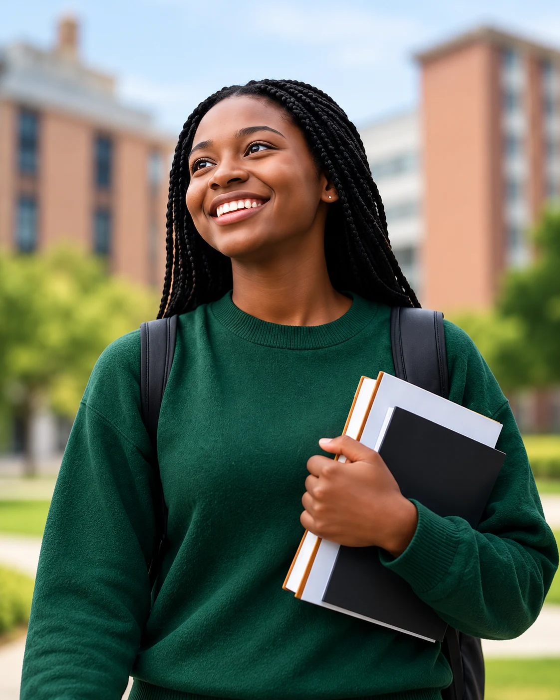 Student holding books on a university campus
